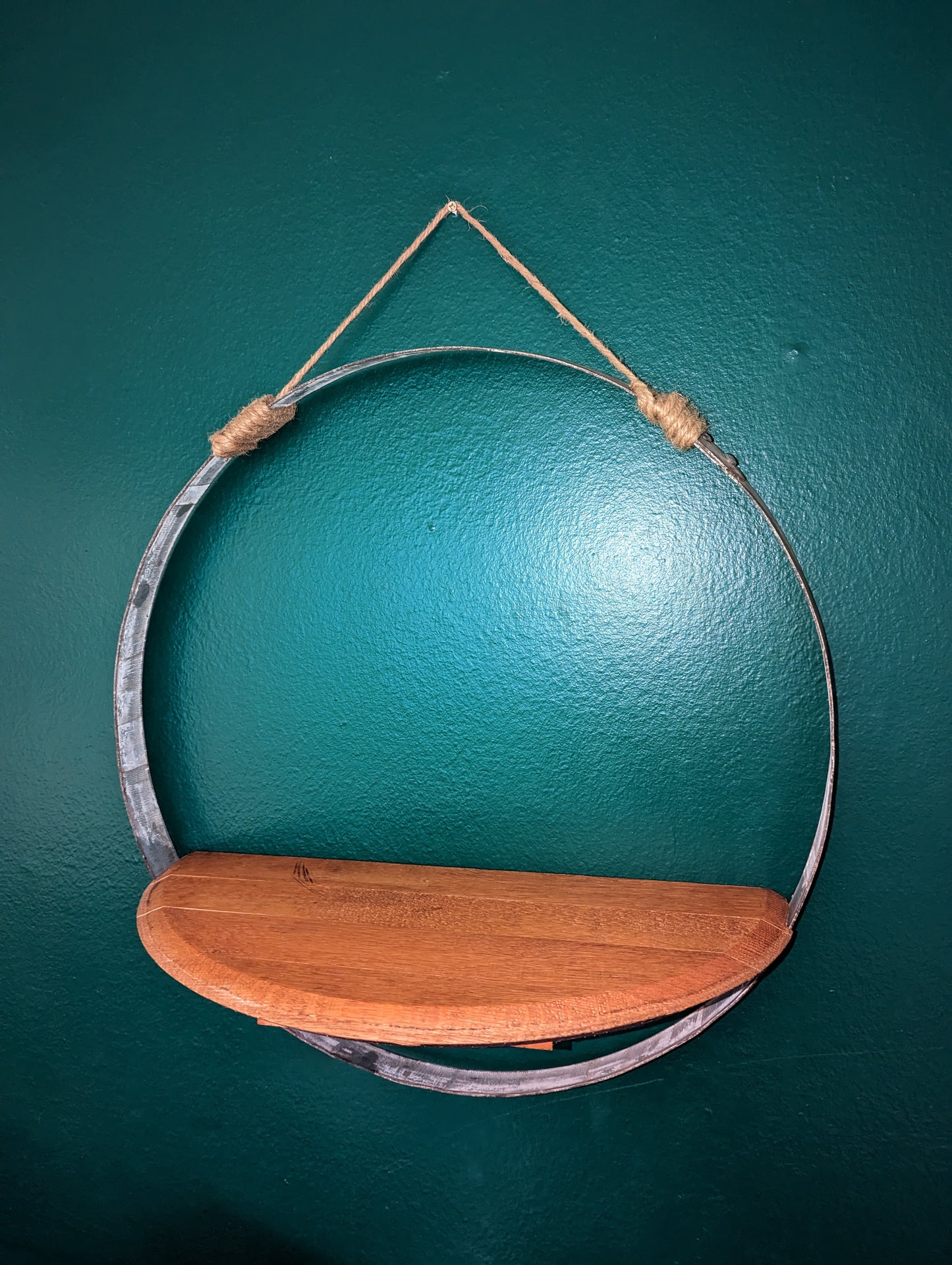 Vintage Oak Wine Barrel Shelf set in Barrel Hoop
