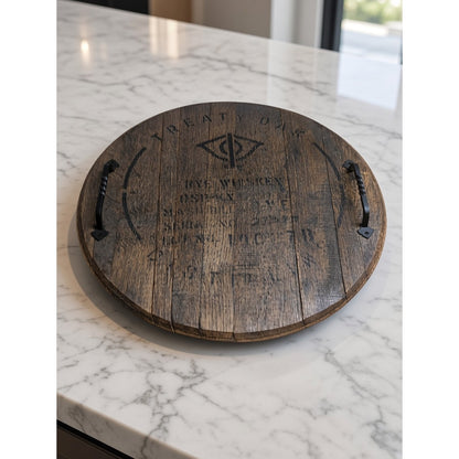 Treaty Oak Rye Whiskey Barrel Lid Tray – Oak Barrel Head with Black Iron Handles