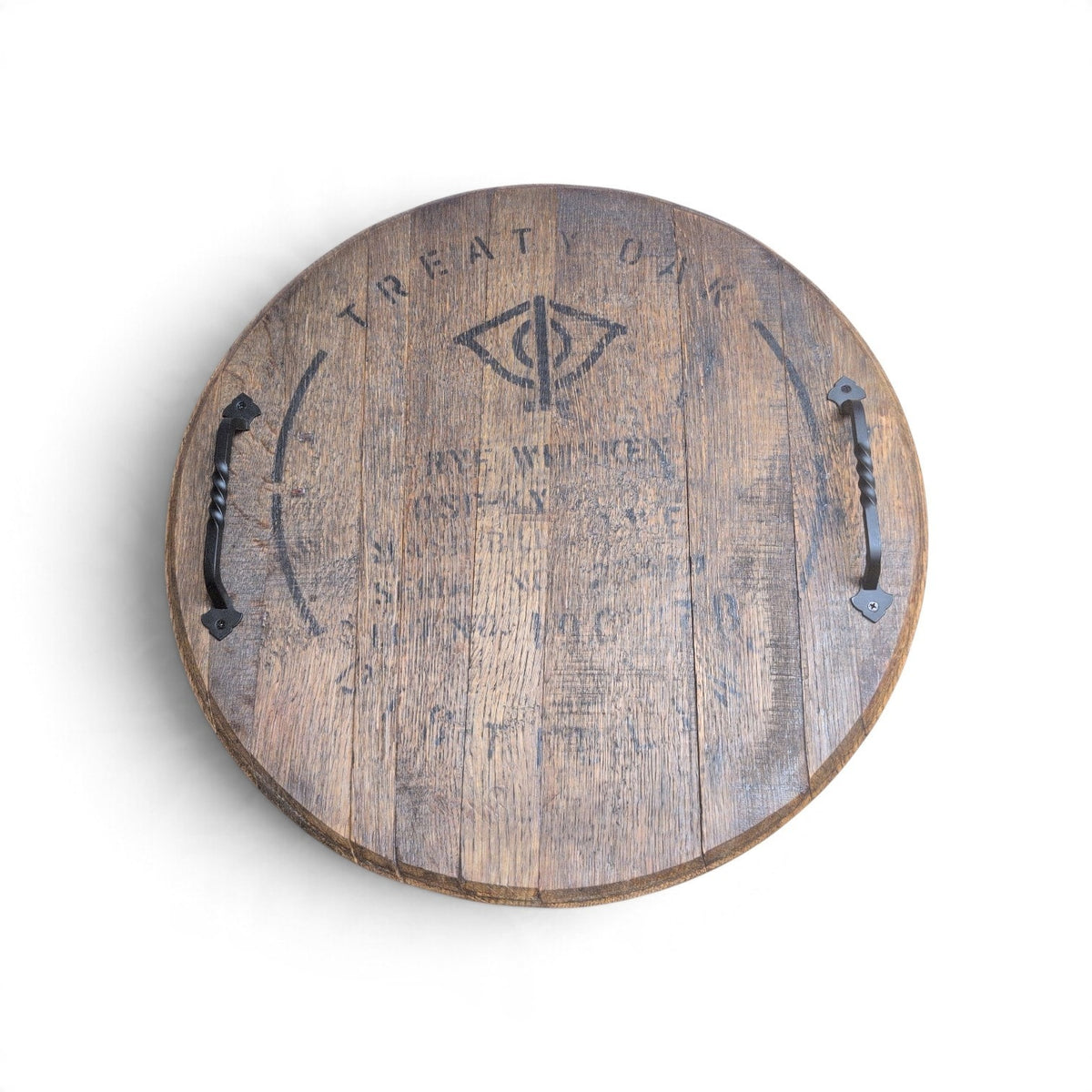 Treaty Oak Rye Whiskey Barrel Lid Tray – Oak Barrel Head with Black Iron Handles