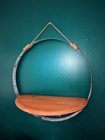 Vintage Oak Wine Barrel Shelf set in Barrel Hoop