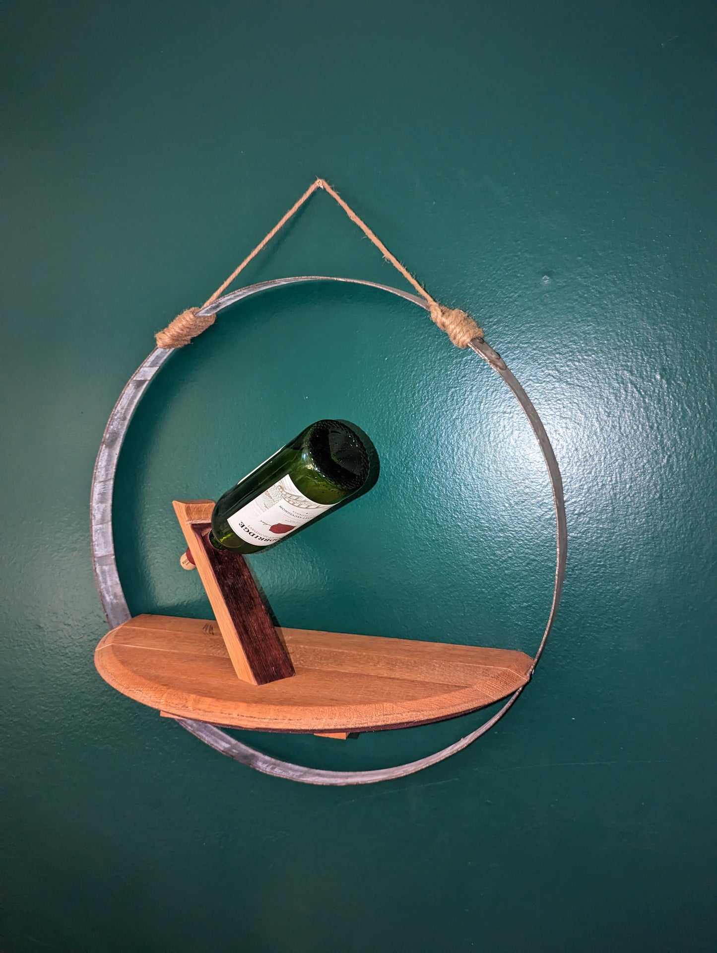 Vintage Oak Wine Barrel Shelf set in Barrel Hoop