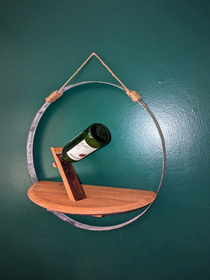 Vintage Oak Wine Barrel Shelf set in Barrel Hoop